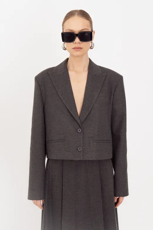 Bayan Gri Oversize Crop Blazer Ceket - BSL