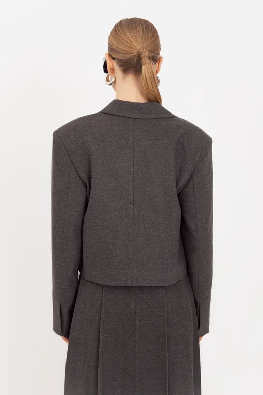 Bayan Gri Oversize Crop Blazer Ceket - BSL