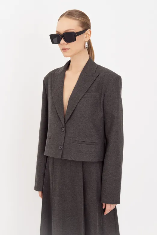 Bayan Gri Oversize Crop Blazer Ceket - BSL