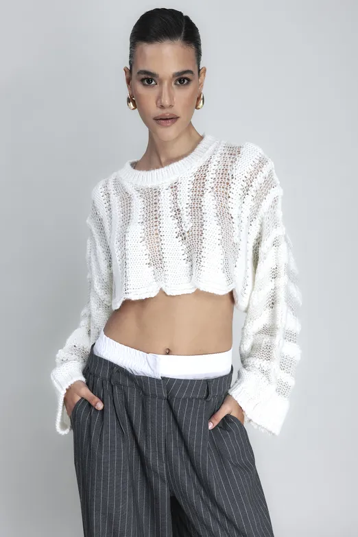 Bayan Ekru Crop Triko Bolero - BSL