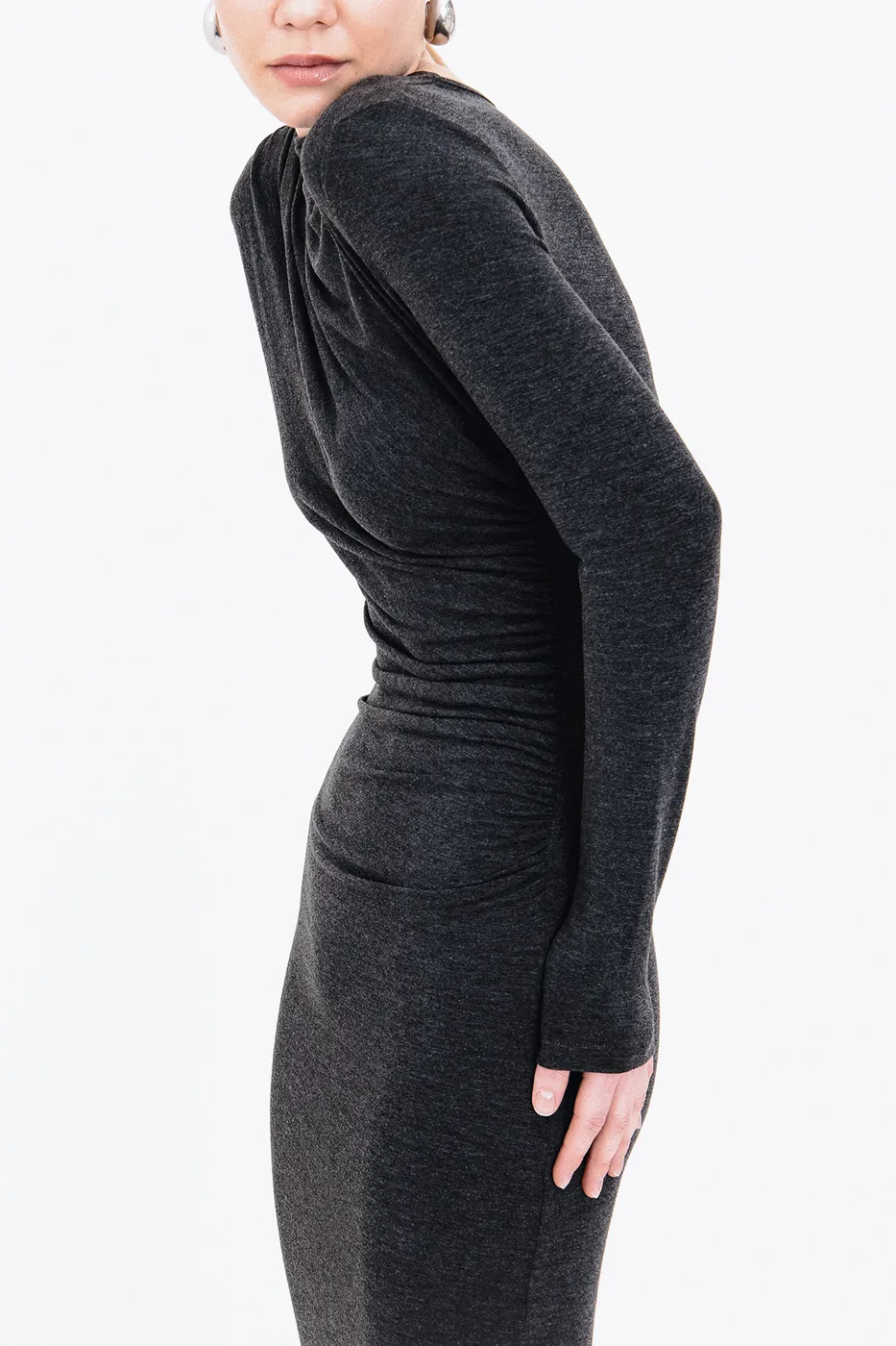 Bayan Antrasit Drapeli Midi Elbise