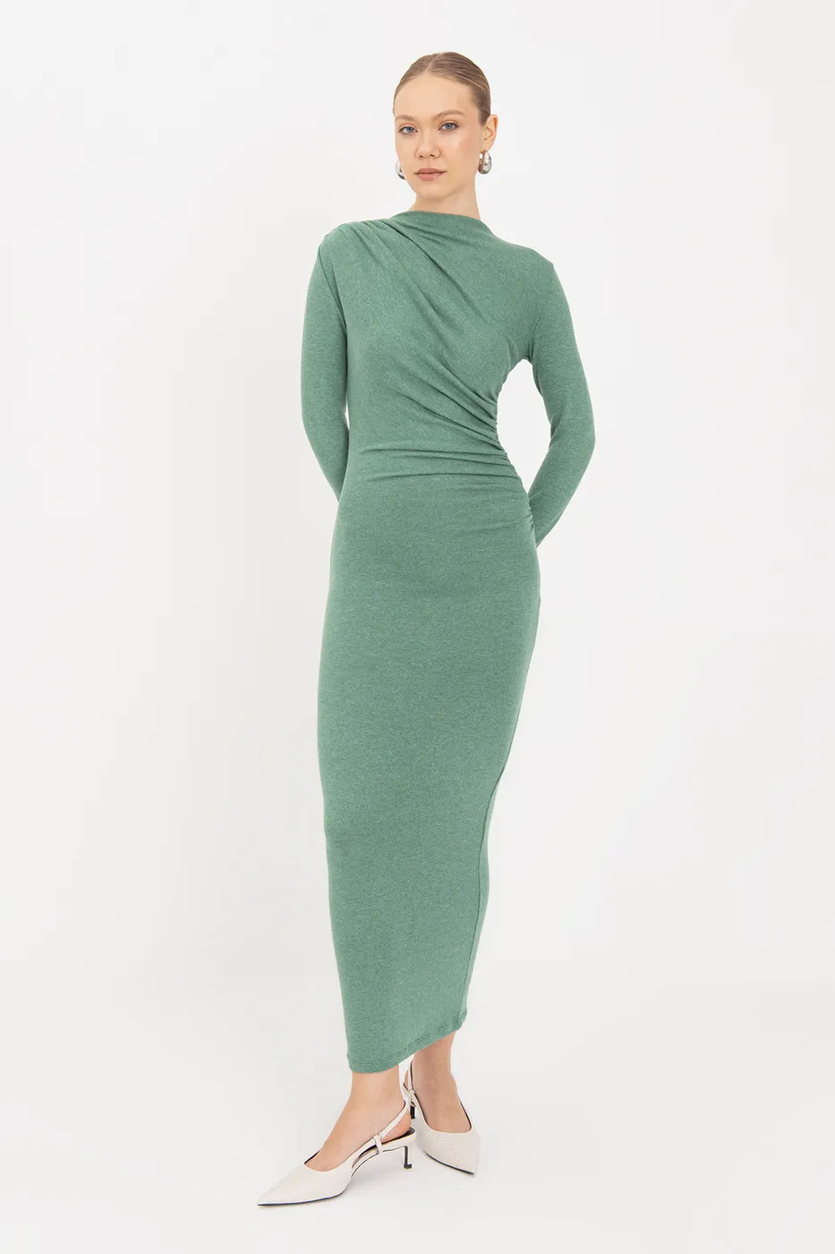 Bayan Yeşil Drapeli Midi Elbise