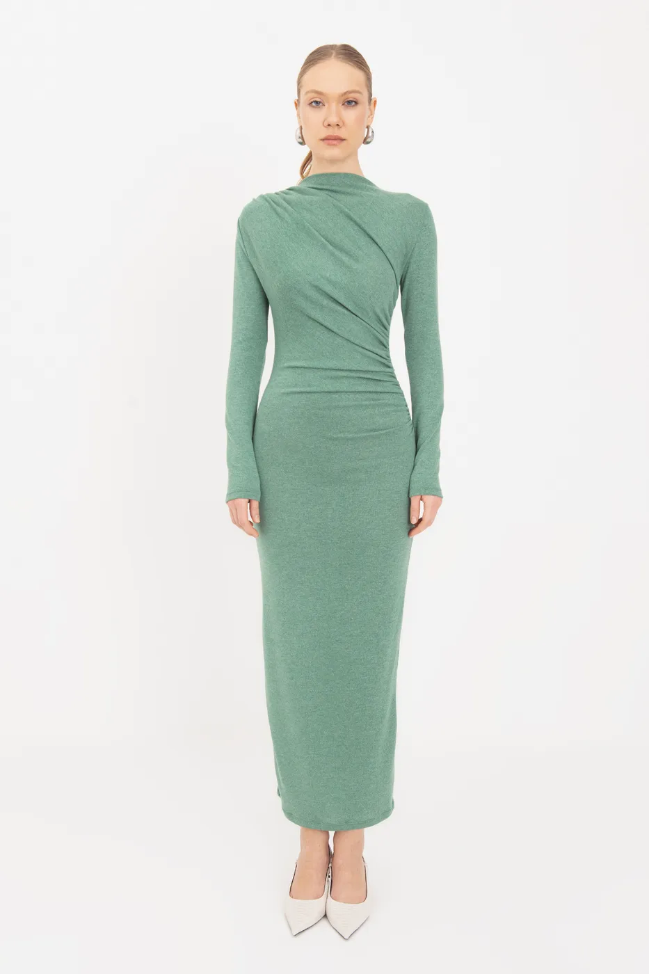 Bayan Yeşil Drapeli Midi Elbise