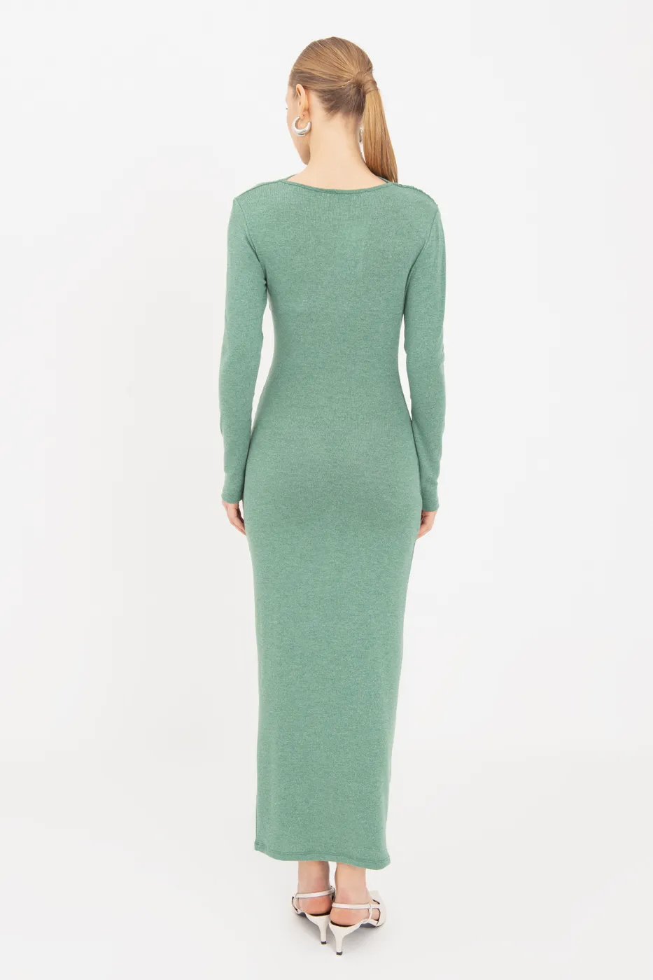 Bayan Yeşil Drapeli Midi Elbise