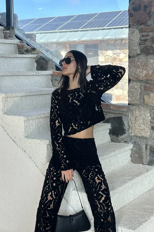 Bayan Siyah Flok Kadife Astarlı Pantolon - BSL