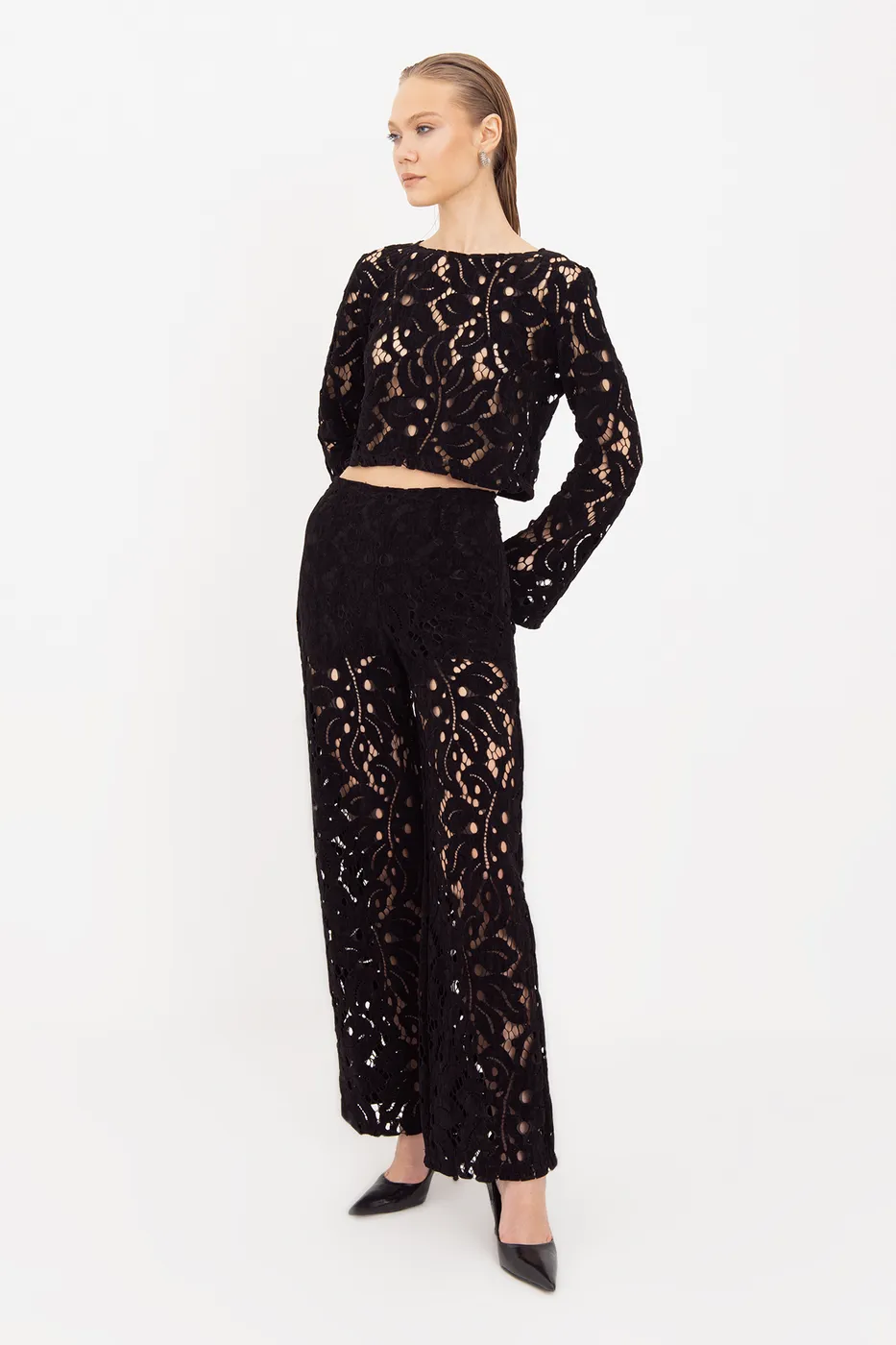 Bayan Siyah Flok Kadife Astarlı Pantolon