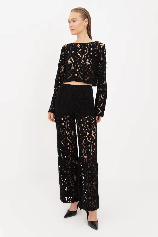 Bayan Siyah Flok Kadife Astarlı Pantolon - BSL