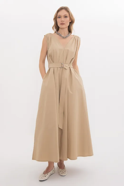 Bayan Bej Cotton Kloş Etekli  Midi Elbise - BSL