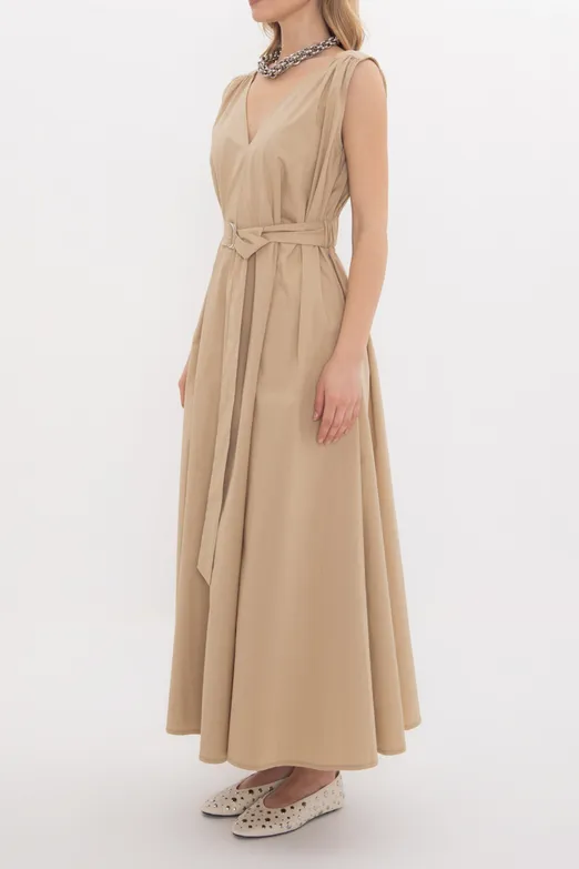 Bayan Bej Cotton Kloş Etekli  Midi Elbise - BSL