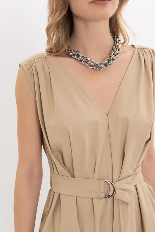 Bayan Bej Cotton Kloş Etekli  Midi Elbise - BSL