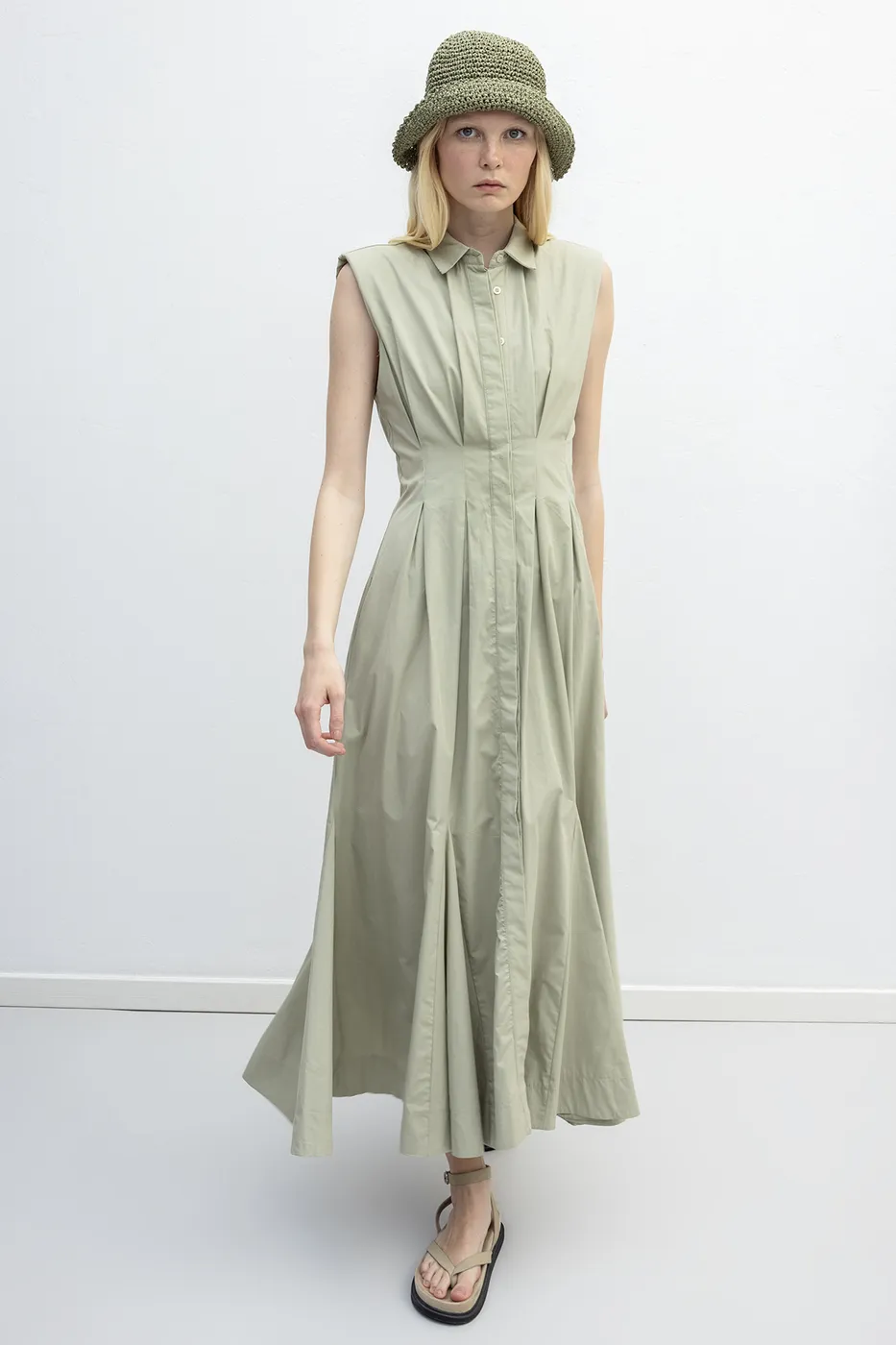 Bayan Bej Volanlı Midi Boy Gömlek Elbise