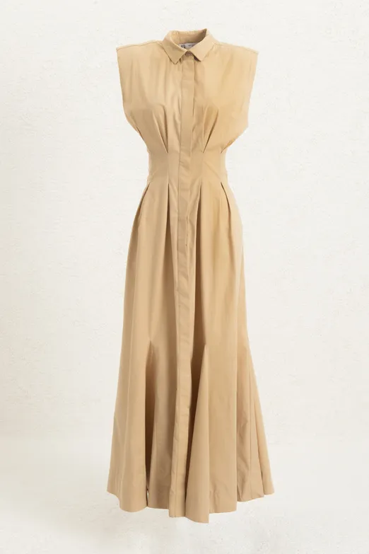 Bayan Bej Volanlı Midi Boy Gömlek Elbise - BSL