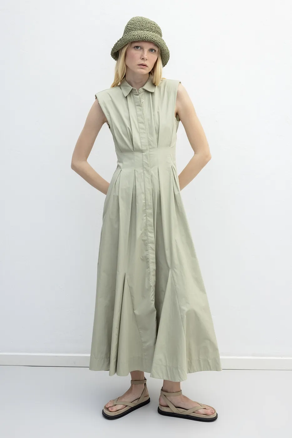 Bayan Bej Volanlı Midi Boy Gömlek Elbise