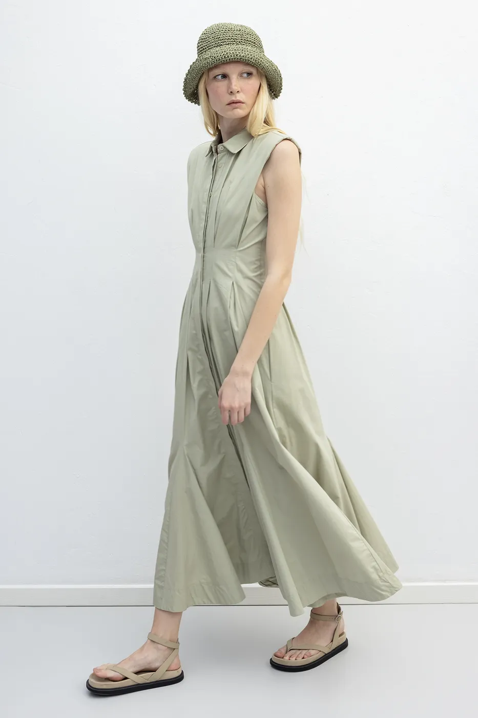 Bayan Bej Volanlı Midi Boy Gömlek Elbise