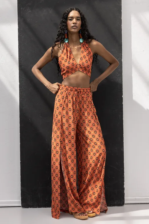 Bayan Kiremit Derin Yırtmaçlı Anvelop Bol Pantolon - BSL