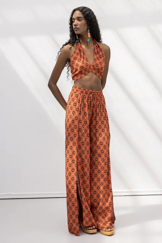 Bayan Kiremit Derin Yırtmaçlı Anvelop Bol Pantolon - BSL