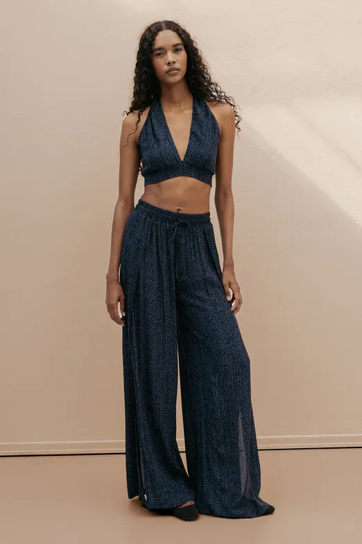 Bayan Lacivert Derin Yırtmaçlı Anvelop Bol Pantolon - BSL