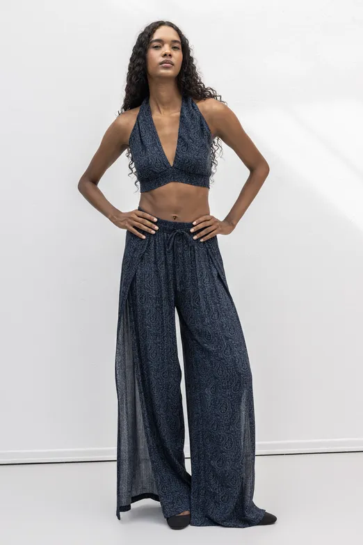 Bayan Lacivert Derin Yırtmaçlı Anvelop Bol Pantolon - BSL