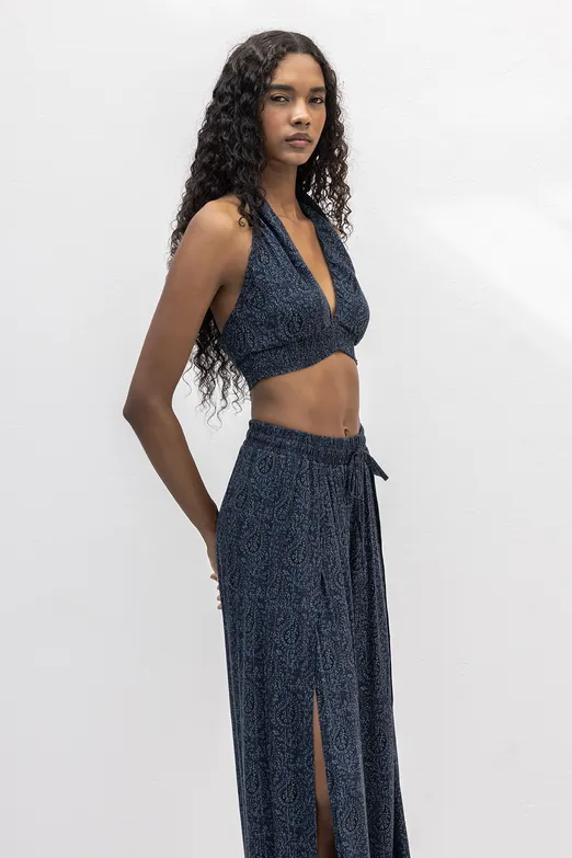 Bayan Lacivert Derin Yırtmaçlı Anvelop Bol Pantolon - BSL