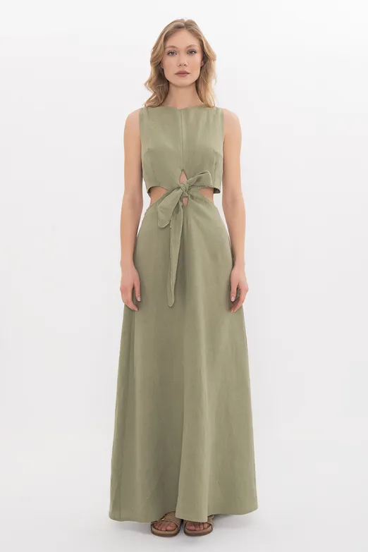 Bayan Haki %100 Keten Bağcık Detaylı Midi Elbise - BSL