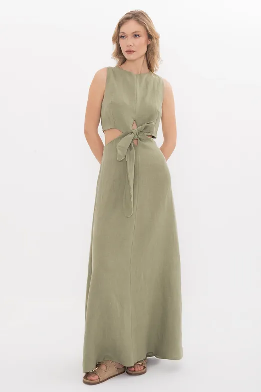 Bayan Haki %100 Keten Bağcık Detaylı Midi Elbise - BSL