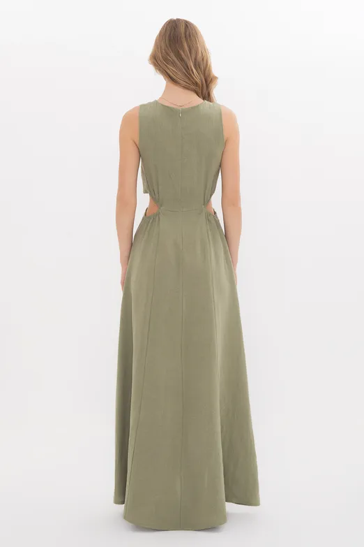 Bayan Haki %100 Keten Bağcık Detaylı Midi Elbise - BSL