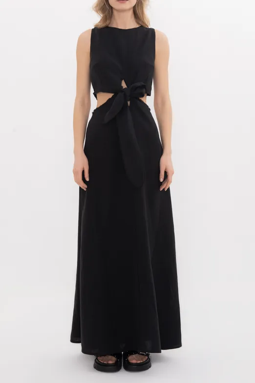 Bayan Siyah %100 Keten Bağcık Detaylı Midi Elbise - BSL