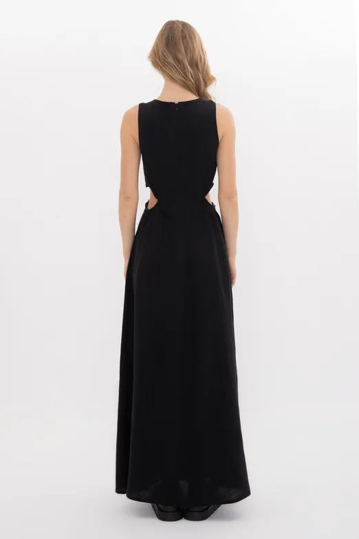 Bayan Siyah %100 Keten Bağcık Detaylı Midi Elbise - BSL