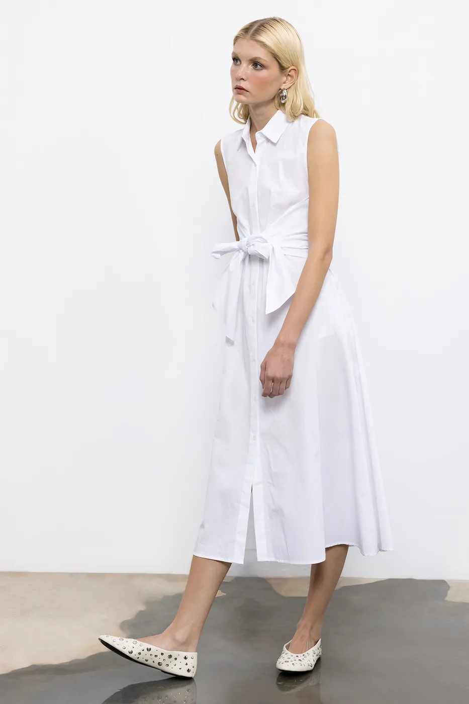 Bayan Beyaz Cotton Midi  Gömlek Elbise