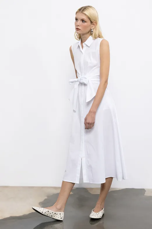 Bayan Beyaz Cotton Midi  Gömlek Elbise - BSL