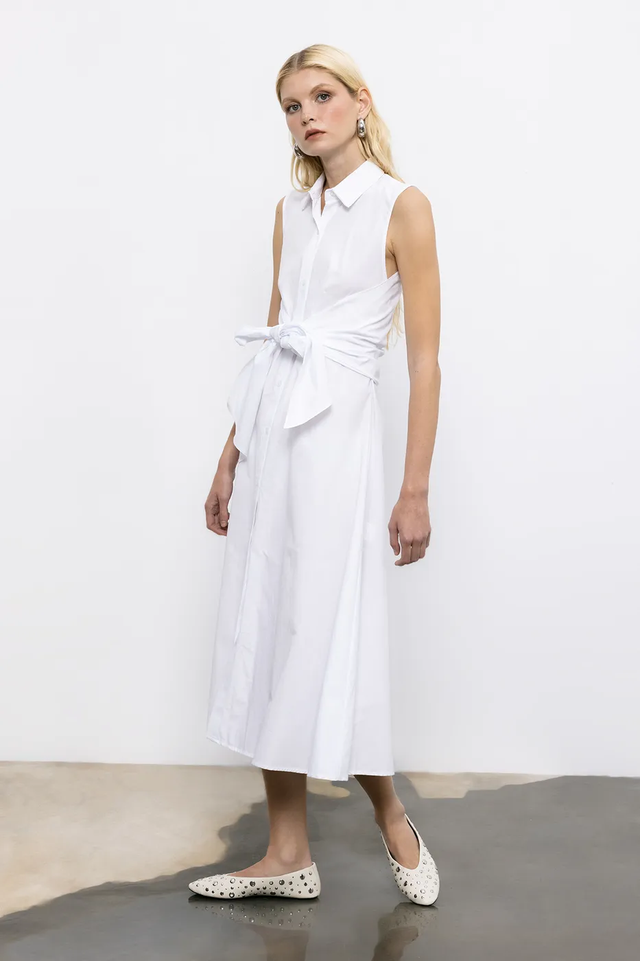 Bayan Beyaz Cotton Midi  Gömlek Elbise