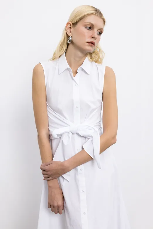 Bayan Beyaz Cotton Midi  Gömlek Elbise - BSL