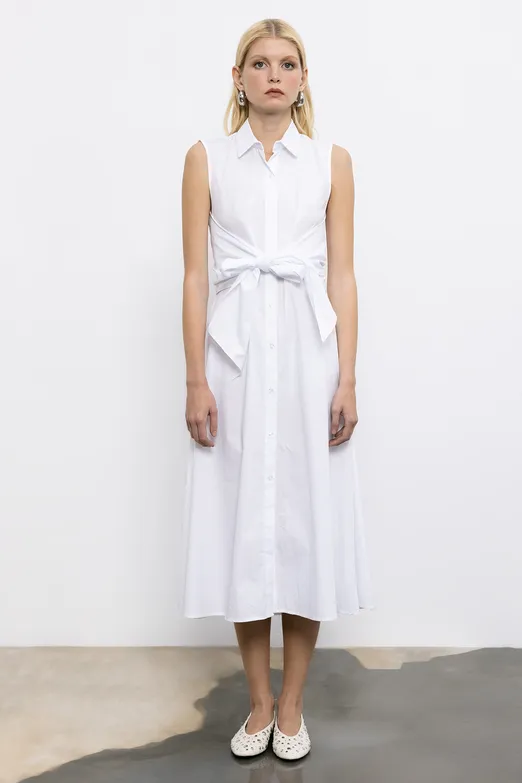 Bayan Beyaz Cotton Midi  Gömlek Elbise - BSL