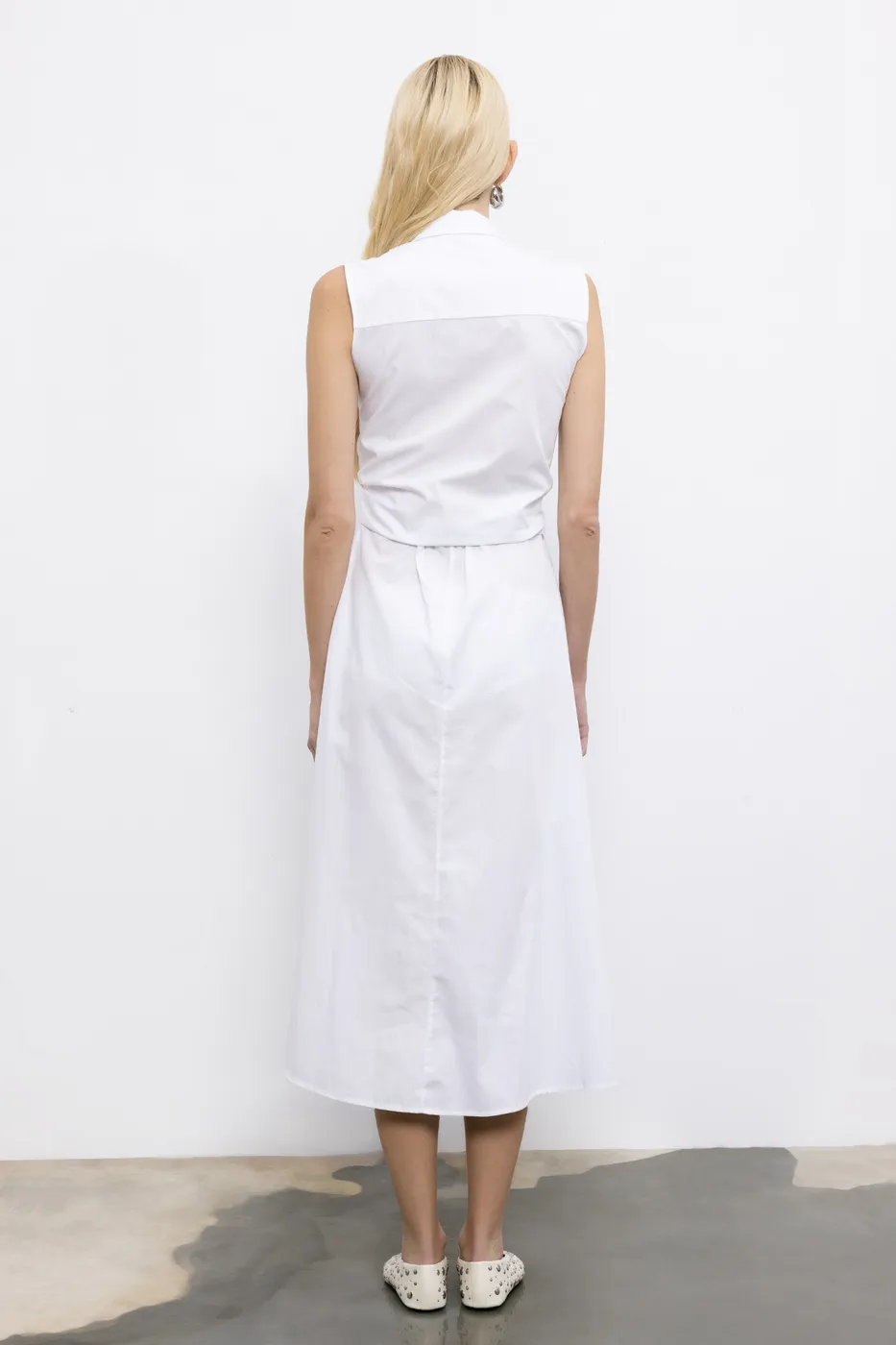 Bayan Beyaz Cotton Midi  Gömlek Elbise