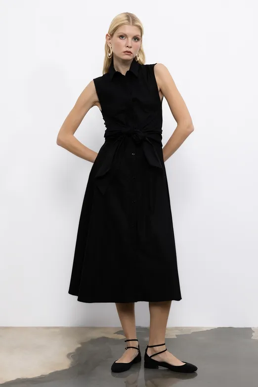 Bayan Siyah Cotton Midi  Gömlek Elbise - BSL