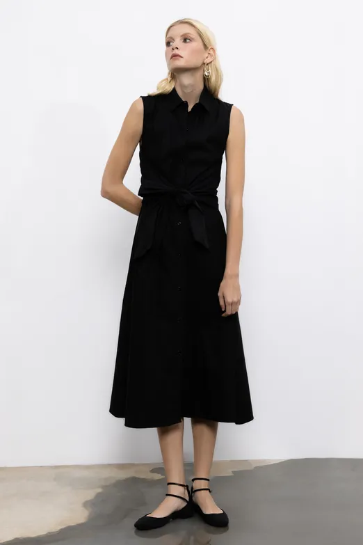 Bayan Siyah Cotton Midi  Gömlek Elbise - BSL