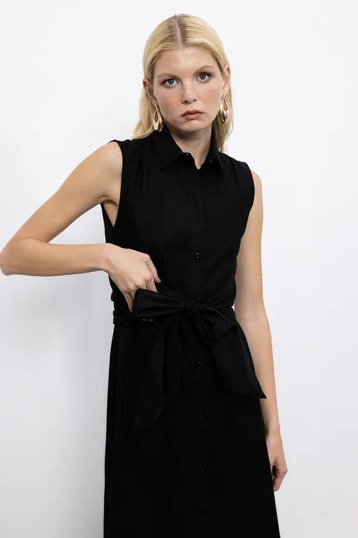 Bayan Siyah Cotton Midi  Gömlek Elbise - BSL