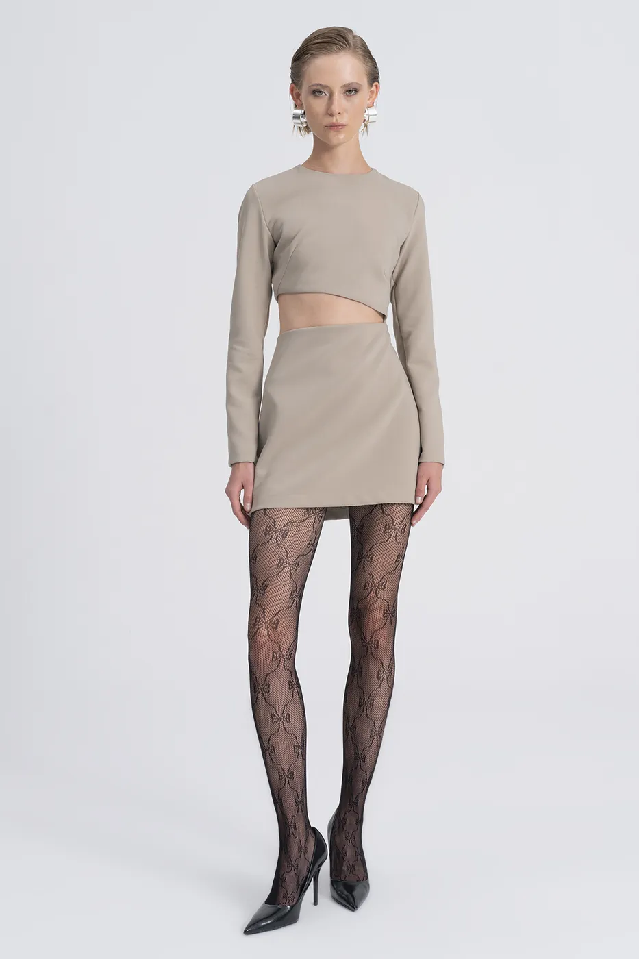 Bayan Bej Pencere Detaylı Mini Elbise