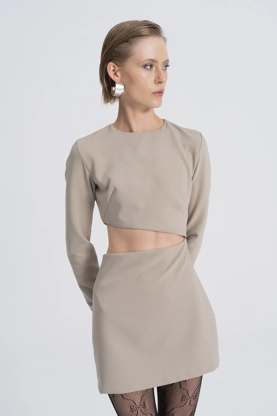 Bayan Bej Pencere Detaylı Mini Elbise