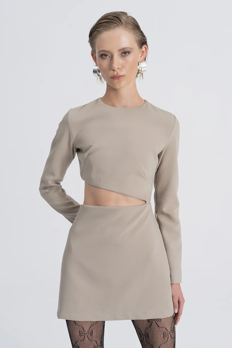 Bayan Bej Pencere Detaylı Mini Elbise