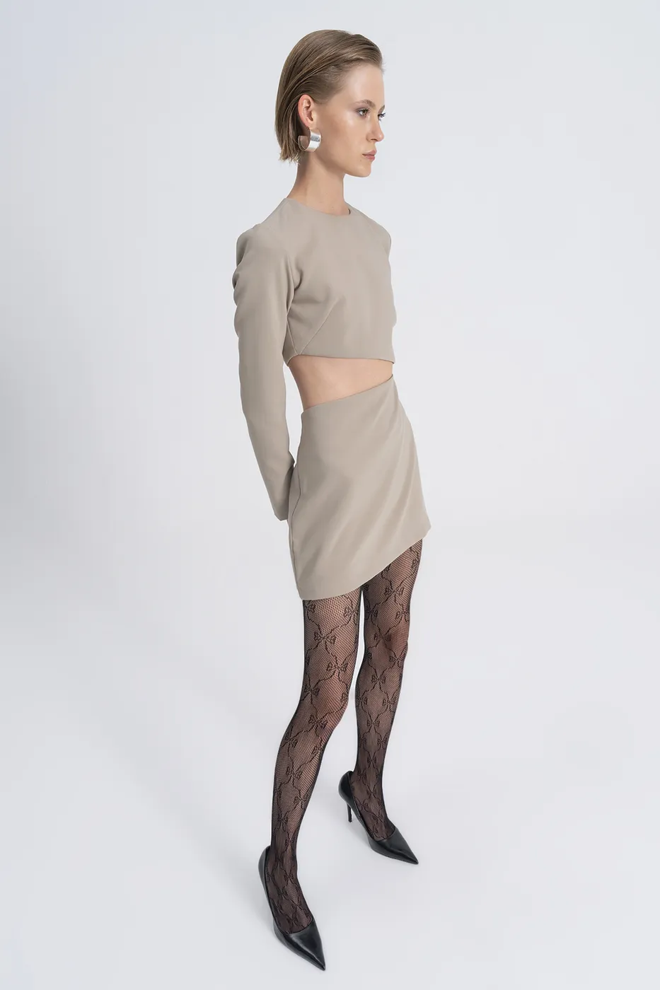 Bayan Bej Pencere Detaylı Mini Elbise