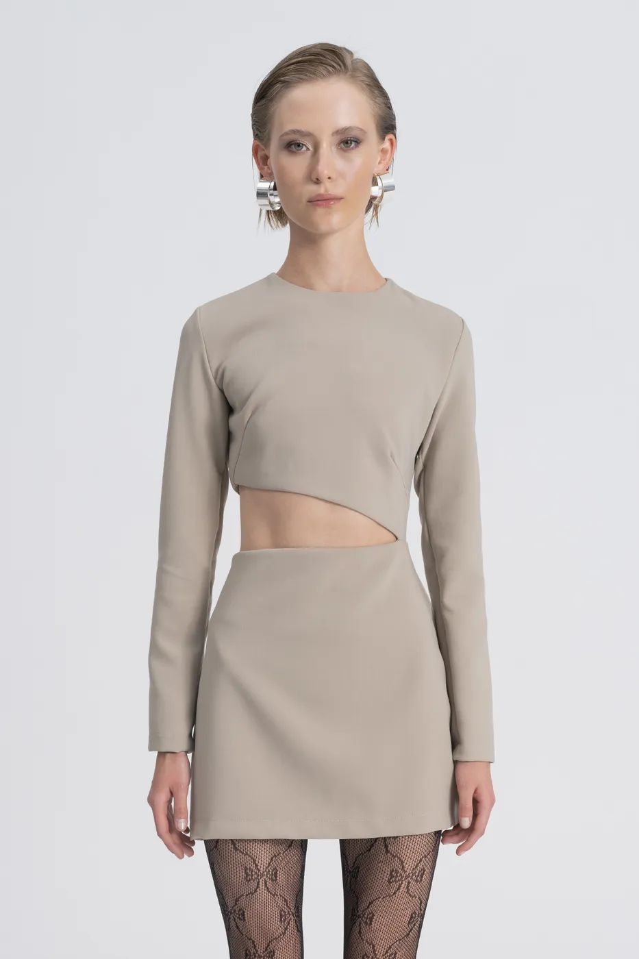 Bayan Bej Pencere Detaylı Mini Elbise