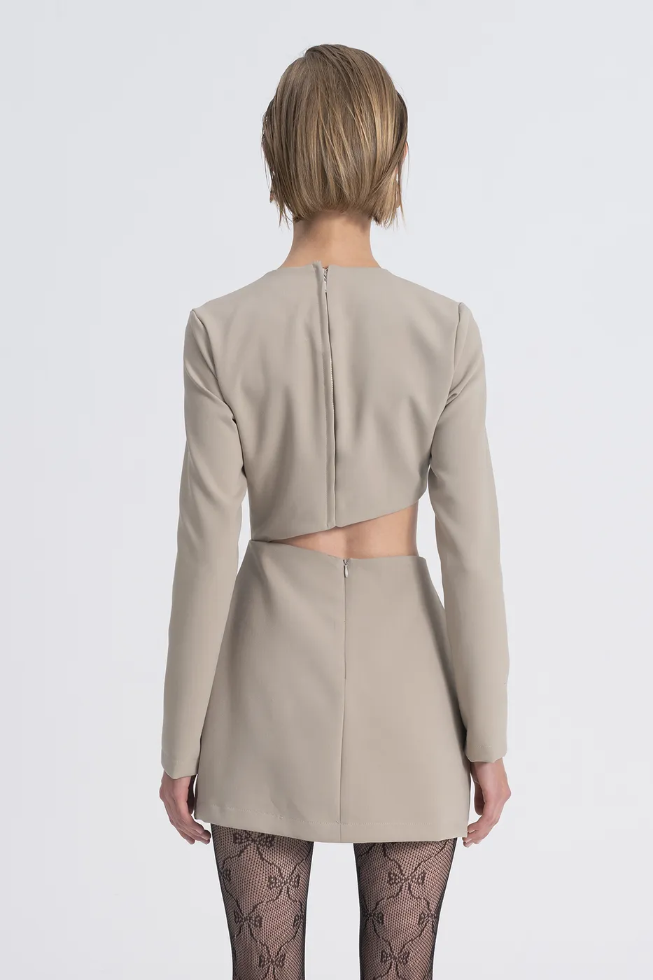 Bayan Bej Pencere Detaylı Mini Elbise