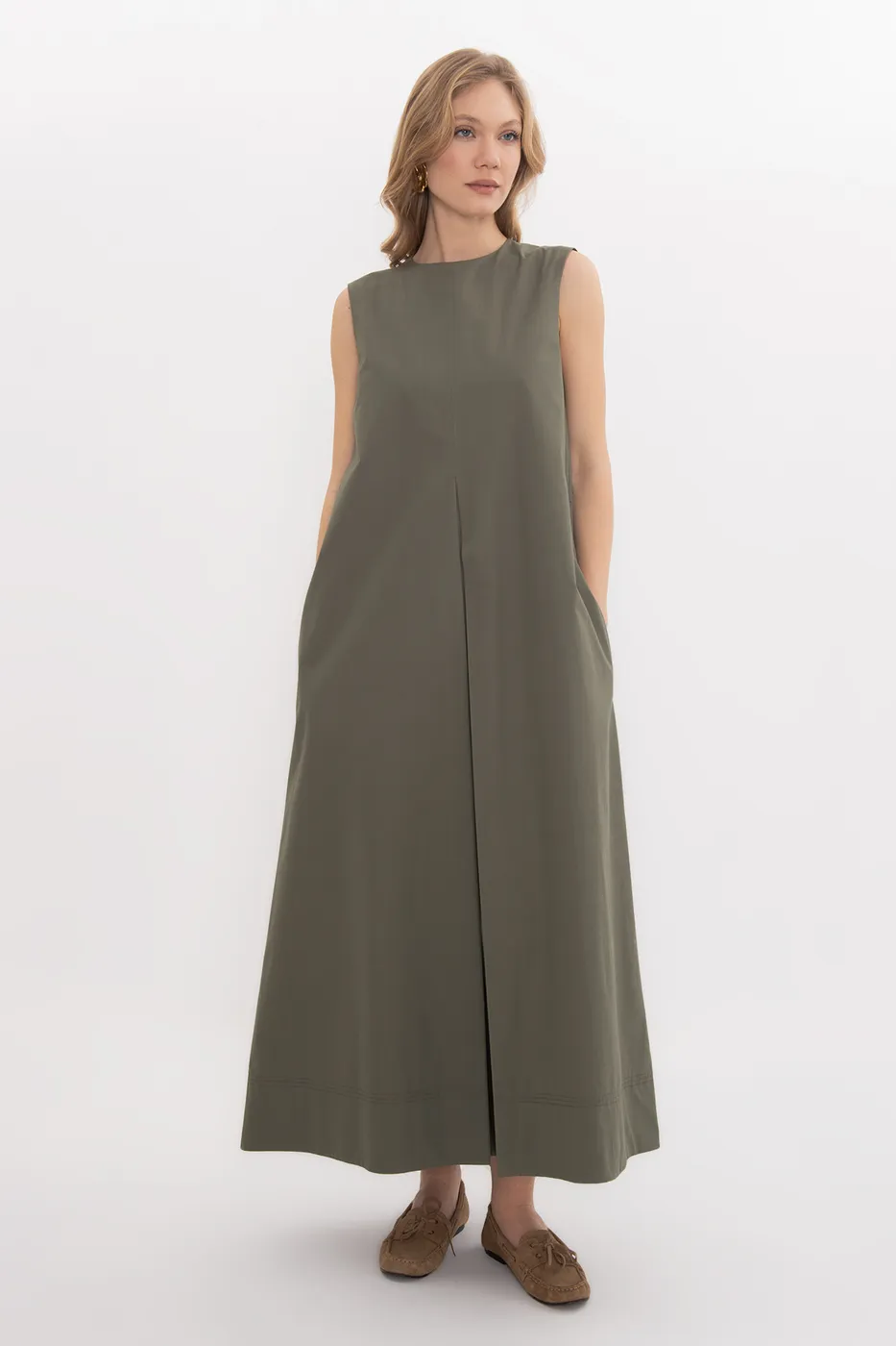 Bayan Haki Oversize Cotton Midi Elbise