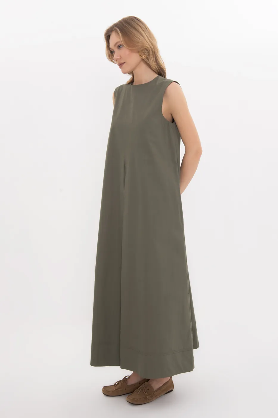 Bayan Haki Oversize Cotton Midi Elbise