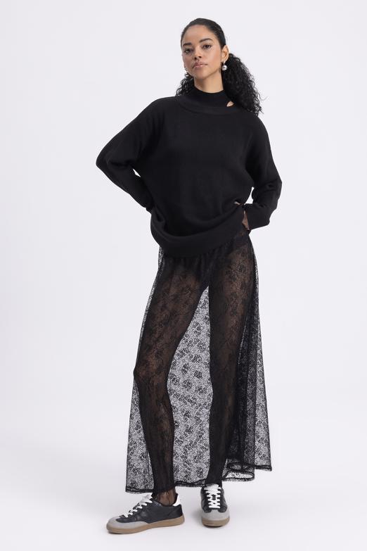 Transparan Dantel Midi Etek