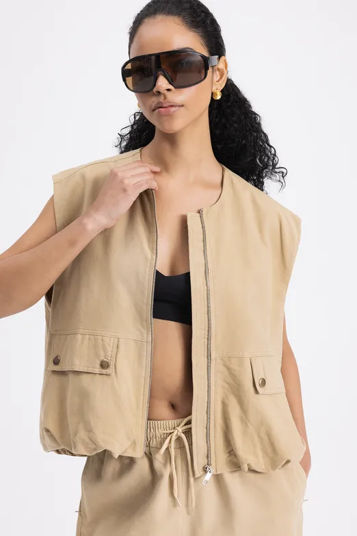 Bayan Bej Hacimli Oversize Yelek - BSL