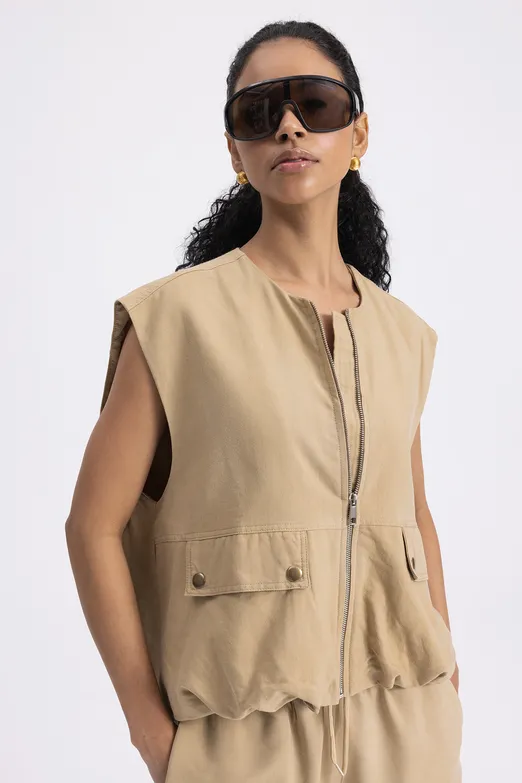 Bayan Bej Hacimli Oversize Yelek - BSL