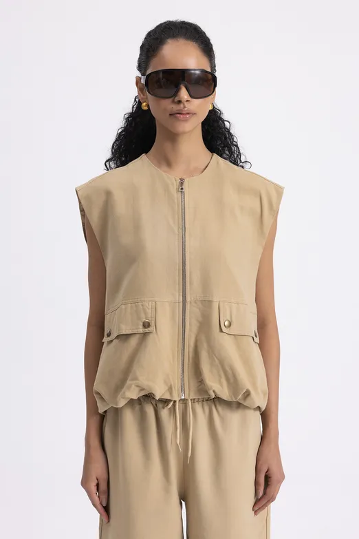 Bayan Bej Hacimli Oversize Yelek - BSL