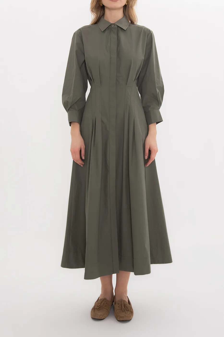 Bayan Haki Volanlı Midi Boy Gömlek Elbise